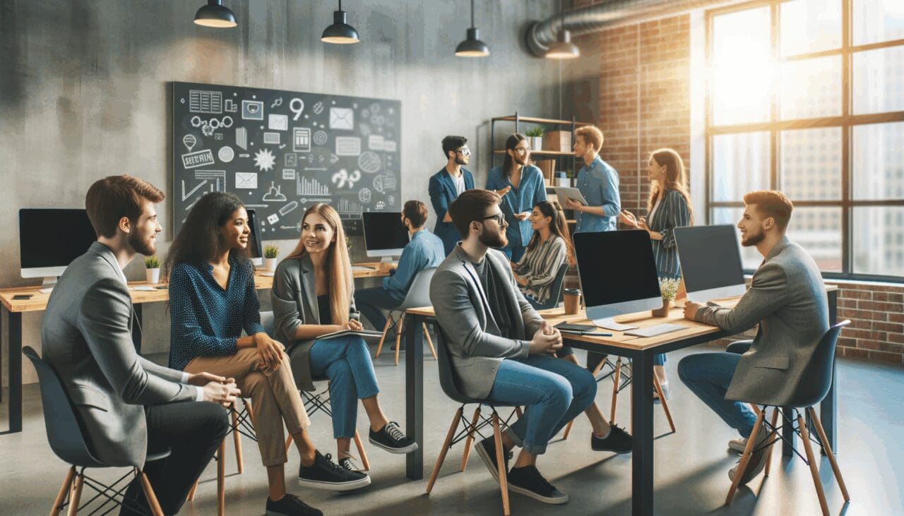 Grupo de emprendedores jóvenes conversando en un espacio de coworking moderno con computadoras y pizarras al fondo.
