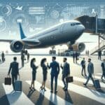 Fotografía de un avión moderno en una pista, con emprendedores conversando cerca, en un entorno aeroportuario tecnológico.