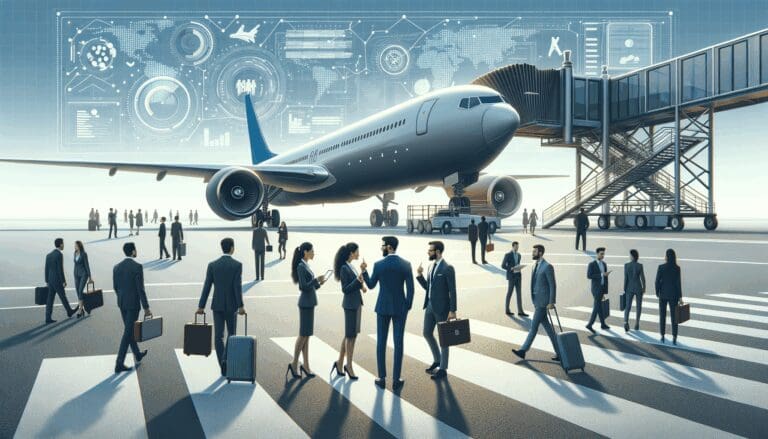 Fotografía de un avión moderno en una pista, con emprendedores conversando cerca, en un entorno aeroportuario tecnológico.