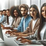 Equipo de jóvenes profesionales trabajando con computadoras en un espacio moderno de coworking.