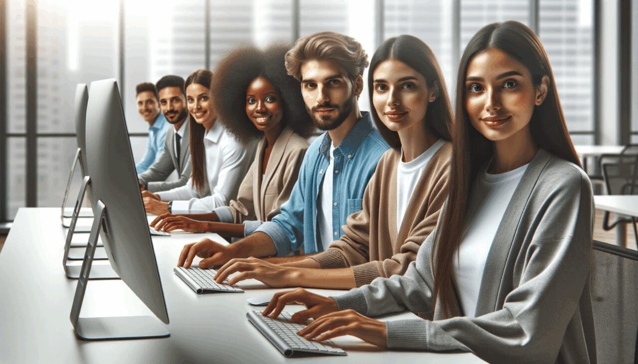 Equipo de jóvenes profesionales trabajando con computadoras en un espacio moderno de coworking.