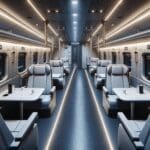Interior moderno de un tren nocturno, mostrando cabinas privadas y ambiente tecnológico, sin marcas ni logotipos.