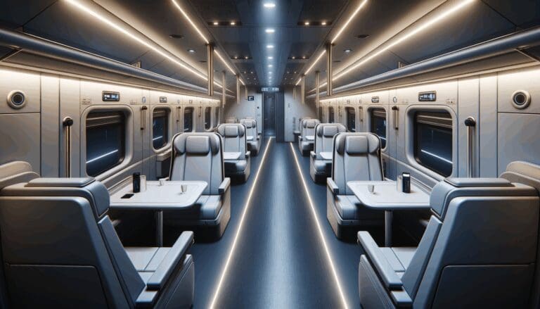 Interior moderno de un tren nocturno, mostrando cabinas privadas y ambiente tecnológico, sin marcas ni logotipos.