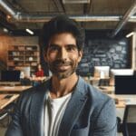 Retrato editorial de un emprendedor latinoamericano en un espacio de coworking moderno rodeado de computadoras y pizarras.