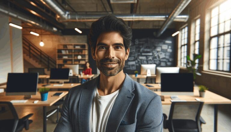 Retrato editorial de un emprendedor latinoamericano en un espacio de coworking moderno rodeado de computadoras y pizarras.