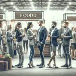 Personas charlando y compartiendo en una feria indoor con puestos de comida y ambiente de networking.