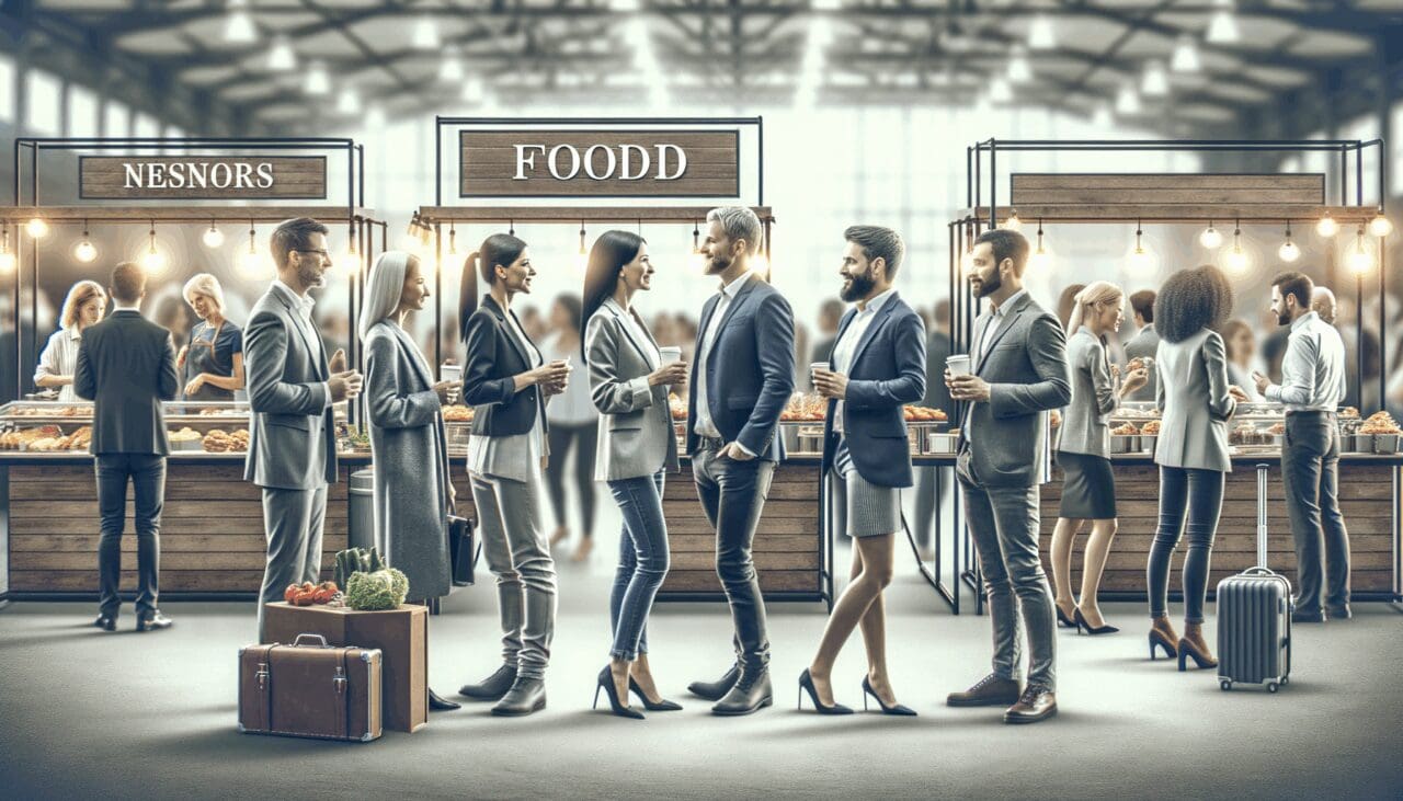 Personas charlando y compartiendo en una feria indoor con puestos de comida y ambiente de networking.