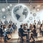 Fotografía de participantes en un workshop tecnológico en un espacio moderno y colaborativo.