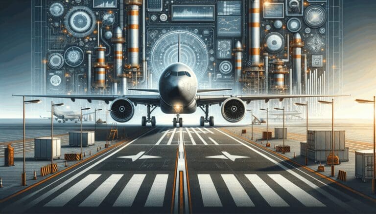 Ilustración de un avión gigantesco sobre una pista, con fondo industrial y ambiente tecnológico.