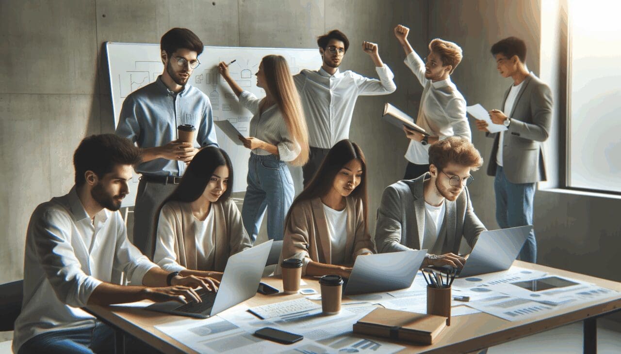 Jóvenes emprendedores colaborando en un espacio de coworking moderno con laptops y pizarras, ambiente dinámico y tecnológico.