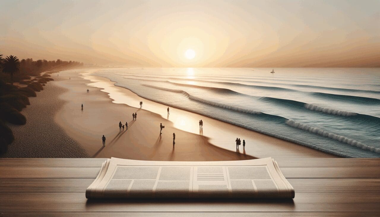 Playa costera al atardecer con olas suaves y siluetas de figuras humanas a lo lejos.