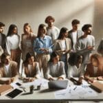 Personas jóvenes colaborando en una sala de reuniones moderna, laptops y pizarras presentes.