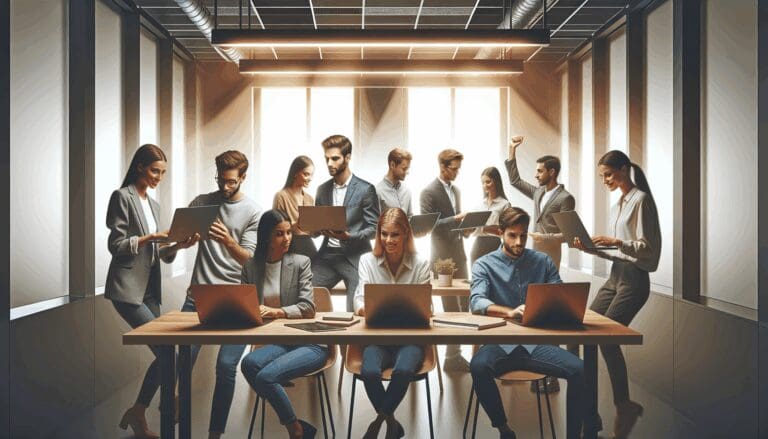 Grupo diverso de jóvenes profesionales colaborando en un espacio de coworking moderno, usando laptops y pantallas digitales.