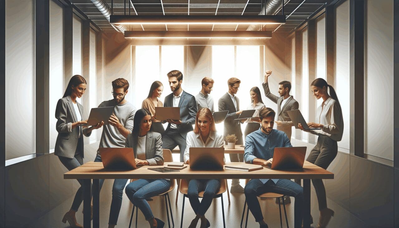 Grupo diverso de jóvenes profesionales colaborando en un espacio de coworking moderno, usando laptops y pantallas digitales.