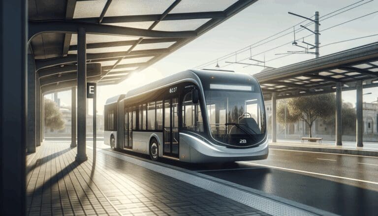 Fotografía de un moderno bus eléctrico en una estación rodeado de paisajes urbanos latinoamericanos, bajo luz natural y estilo profesional.