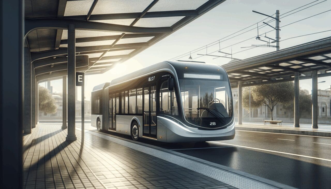 Fotografía de un moderno bus eléctrico en una estación rodeado de paisajes urbanos latinoamericanos, bajo luz natural y estilo profesional.