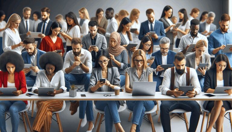 Personas colaborando en un entorno de trabajo moderno con tecnología avanzada.