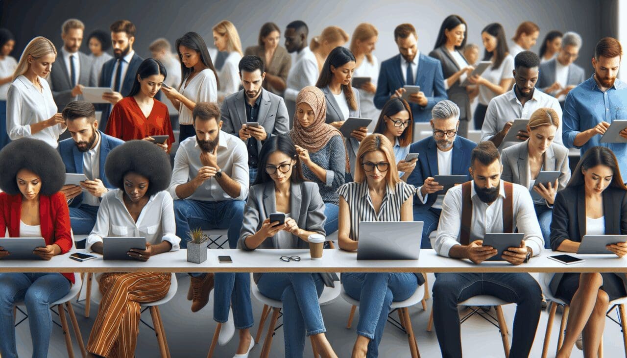 Personas colaborando en un entorno de trabajo moderno con tecnología avanzada.