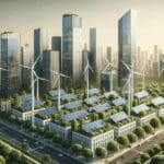 Paneles solares y turbinas eólicas integrados en una ciudad moderna con rascacielos y vegetación.