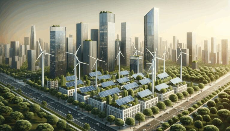 Paneles solares y turbinas eólicas integrados en una ciudad moderna con rascacielos y vegetación.
