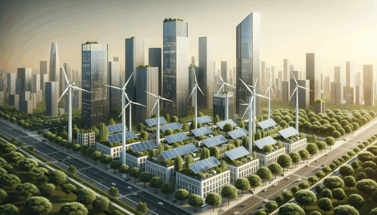 Paneles solares y turbinas eólicas integrados en una ciudad moderna con rascacielos y vegetación.