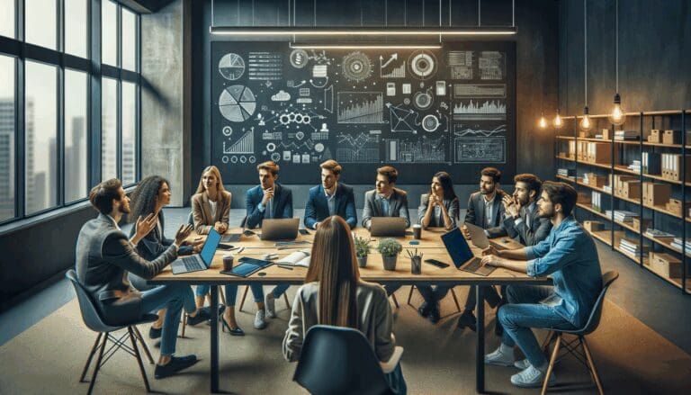Jóvenes emprendedores debatiendo en una sala moderna con pizarras digitales y laptops abiertas.