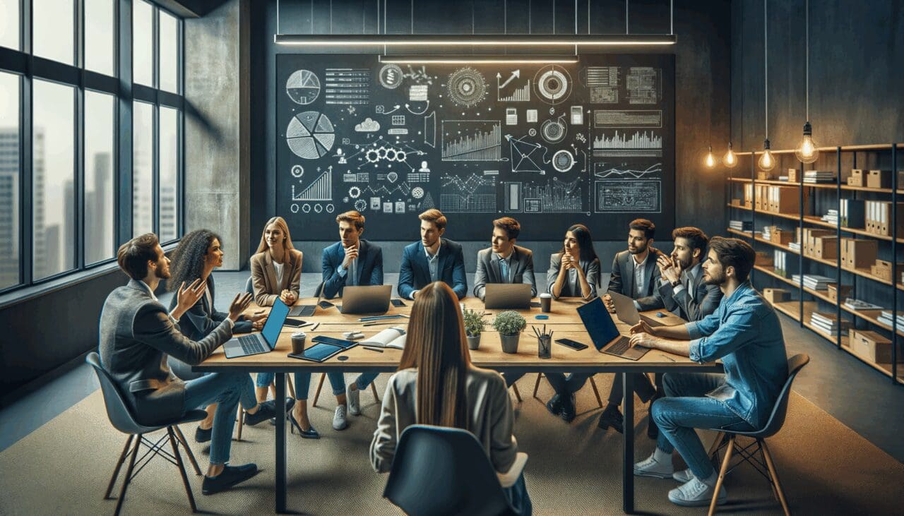 Jóvenes emprendedores debatiendo en una sala moderna con pizarras digitales y laptops abiertas.