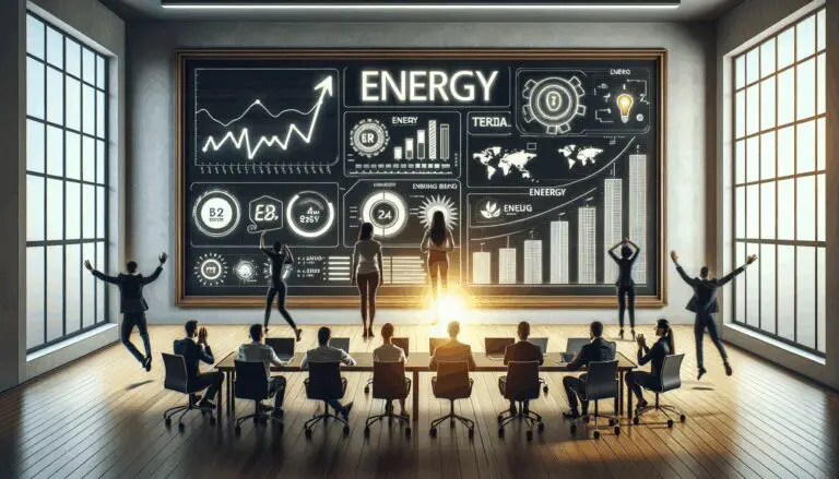 Equipo emprendedor en una sala moderna con pizarras digitales y gráficos de datos de energía.