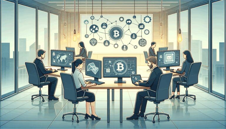 Ilustración de emprendedores trabajando en computadoras y pizarras digitales en un ambiente de oficina moderno, con iconos de blockchain y redes digitales.