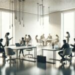 Mesa de trabajo con equipo colaborando en un proyecto de startup