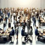 Emprendedores reunidos en un evento tecnológico, rodeados de pantallas y mesas de trabajo colaborativo.