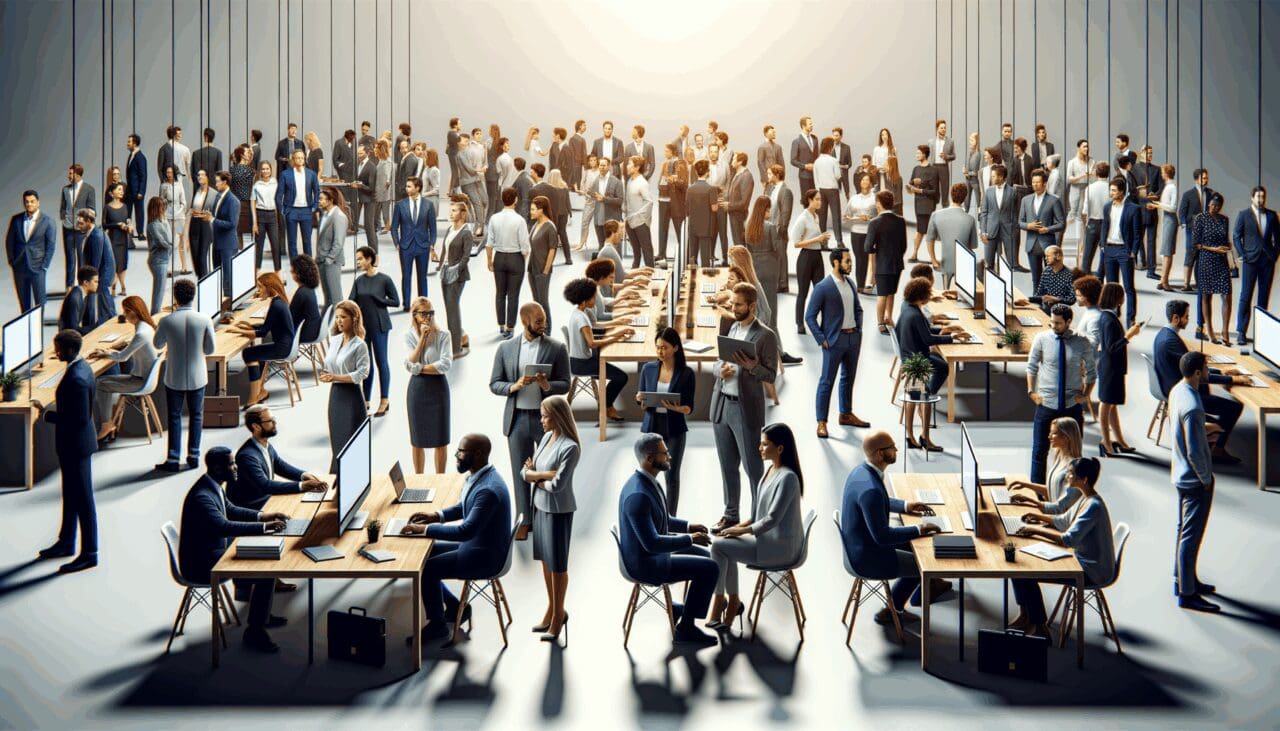 Emprendedores reunidos en un evento tecnológico, rodeados de pantallas y mesas de trabajo colaborativo.