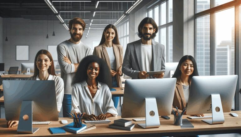 Equipo multicultural de emprendedores trabajando con computadoras y pizarras digitales en un coworking moderno.
