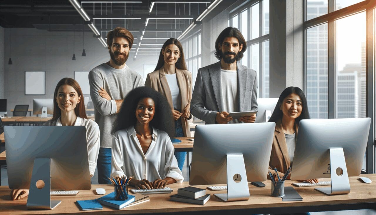 Equipo multicultural de emprendedores trabajando con computadoras y pizarras digitales en un coworking moderno.