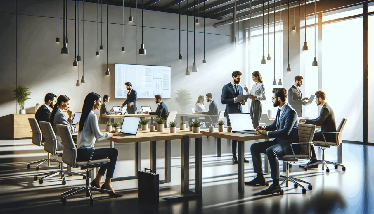 Sala de coworking moderna con emprendedores colaborando frente a laptops y pantallas digitales.