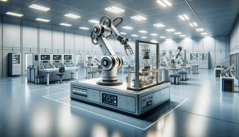 Laboratorio moderno de robótica con brazos mecánicos y equipos tecnológicos avanzados en operación.