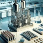 Primer plano de laboratorio moderno con reactores químicos y módulos de baterías recicladas sobre una mesa de trabajo.