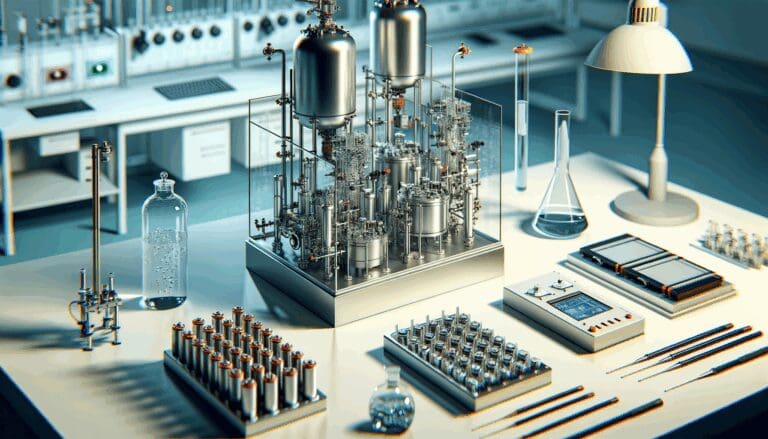 Primer plano de laboratorio moderno con reactores químicos y módulos de baterías recicladas sobre una mesa de trabajo.