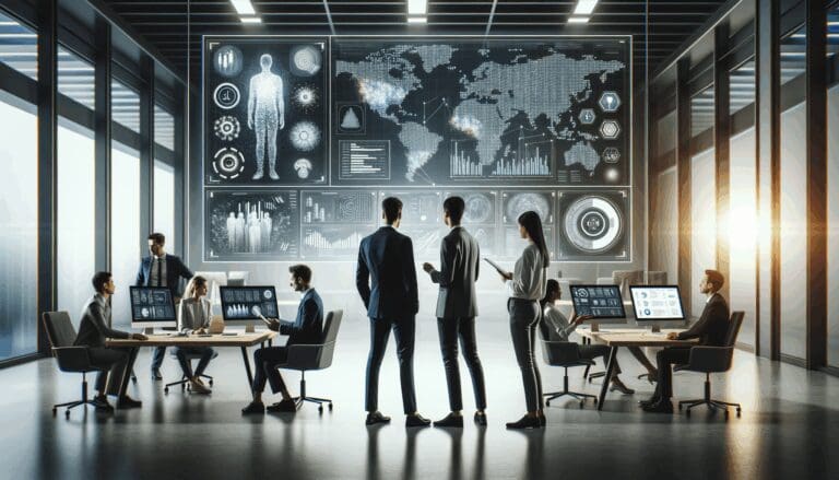 Emprendedores colaborando en una oficina moderna con pantallas mostrando datos e inteligencia artificial.