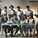 Jóvenes emprendedores colaborando en un espacio de trabajo moderno con laptops y pizarras digitales.