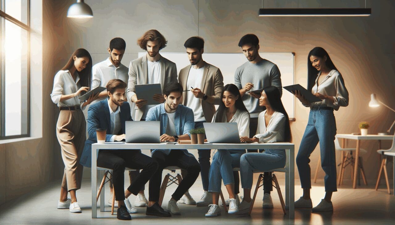 Jóvenes emprendedores colaborando en un espacio de trabajo moderno con laptops y pizarras digitales.