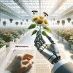 Primer plano de una mano humana utilizando tecnología para polinizar flores en un invernadero moderno.