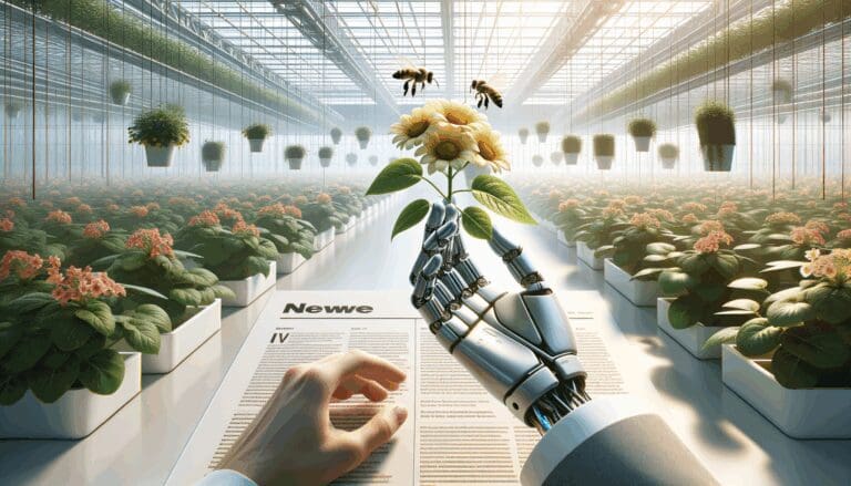 Primer plano de una mano humana utilizando tecnología para polinizar flores en un invernadero moderno.