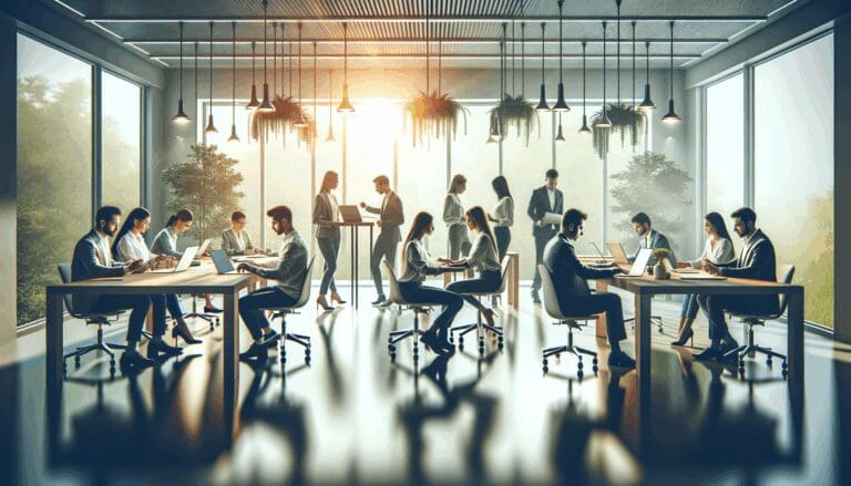 Emprendedores trabajando juntos en una sala luminosa rodeada de naturaleza y tecnología moderna.