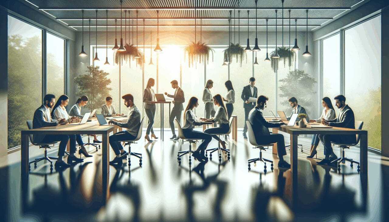 Emprendedores trabajando juntos en una sala luminosa rodeada de naturaleza y tecnología moderna.
