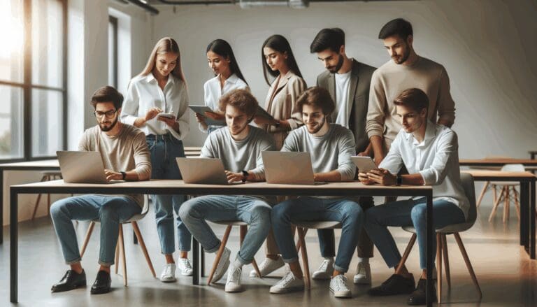 Jóvenes emprendedores colaborando en un coworking tecnológico moderno.