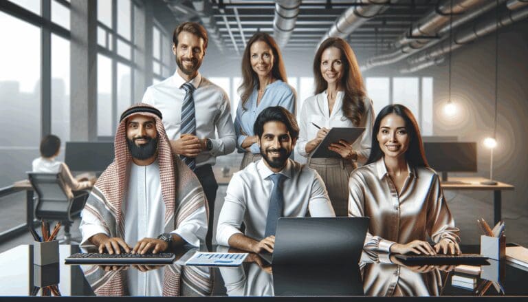 Equipo diverso de personas colaborando en una oficina moderna y luminosa, rodeados de dispositivos tecnológicos.