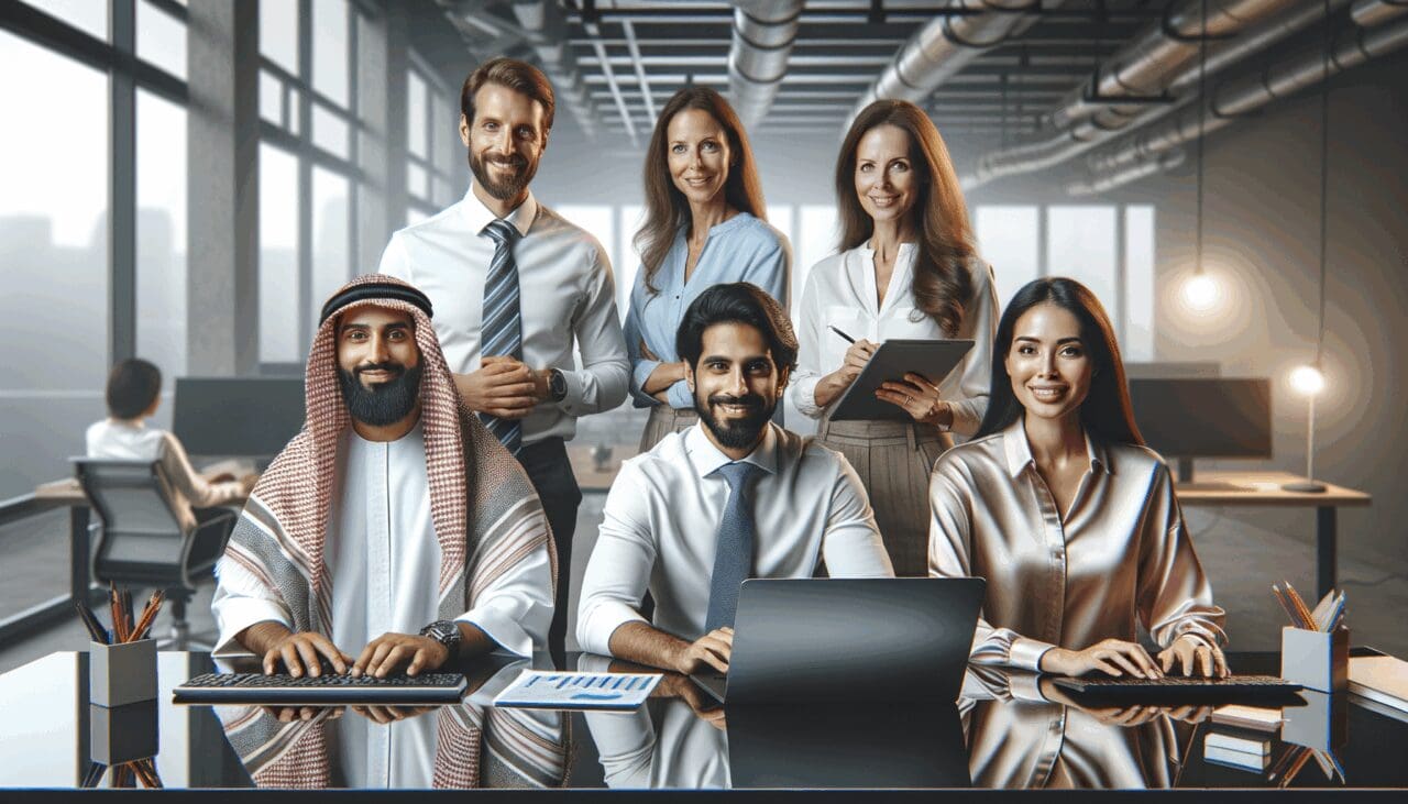 Equipo diverso de personas colaborando en una oficina moderna y luminosa, rodeados de dispositivos tecnológicos.