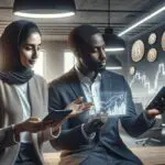 Dos personas revisan gráficas digitales y criptomonedas en una oficina moderna, ambiente de startup tecnológica.