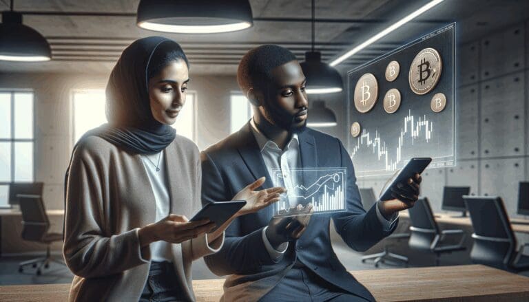 Dos personas revisan gráficas digitales y criptomonedas en una oficina moderna, ambiente de startup tecnológica.